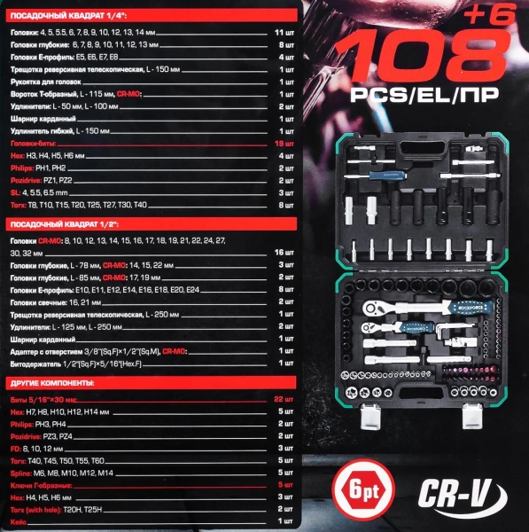 Набор инструментов 108+6пр. 1/4'', 1/2''(6гр.)