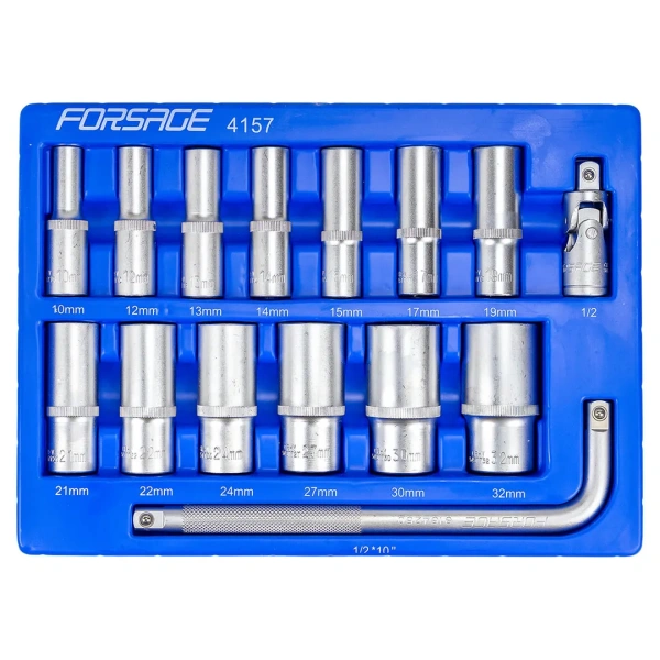 Набор головок глубоких 15 пр. в ложементе (10,12-15,17,19,21,22,24, 27,30,32мм, вороток Г-образный 1/2''250мм, кардан 1/2'')