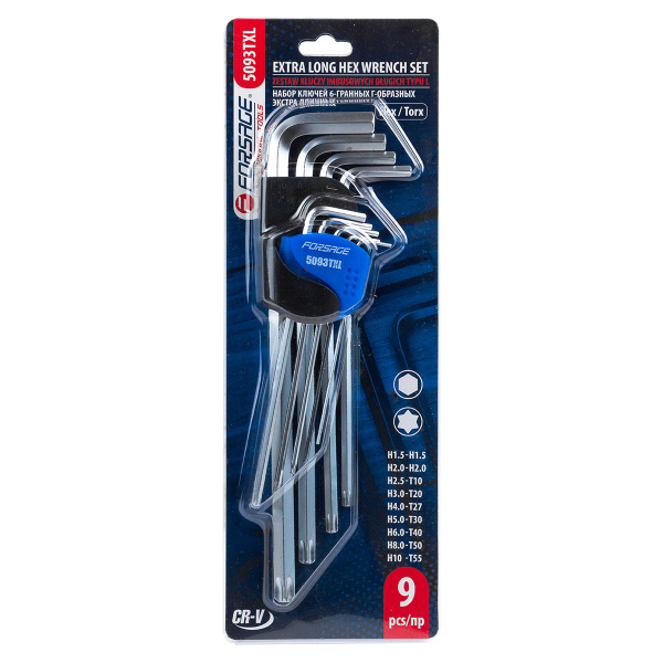 Набор ключей шестигранных 9пр.HEX/TORX, экстрадлинных (Hex: 1.5, 2, 2.5, 3, 4, 5, 6, 8, 10, Torx: T10, T20, T27, T30, T40, T50, T55)