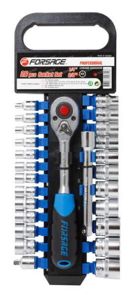 1/4''& 3/8''Набор головок с трещоткой в пластиковом держателе 25пр.6гр (4,5-19мм)