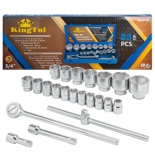 Набор инструментов 23пр. 3/4''(6гр.) (19,21,22,23,24,26,27,30,32,34,36,38,41,46,48,50,55,60мм) в металл.кейсе