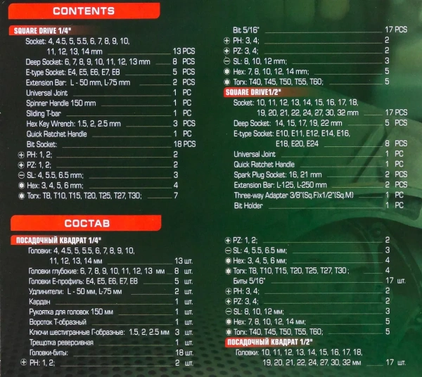 Набор инструментов 108пр. 1/4'', 1/2''(6гр.)