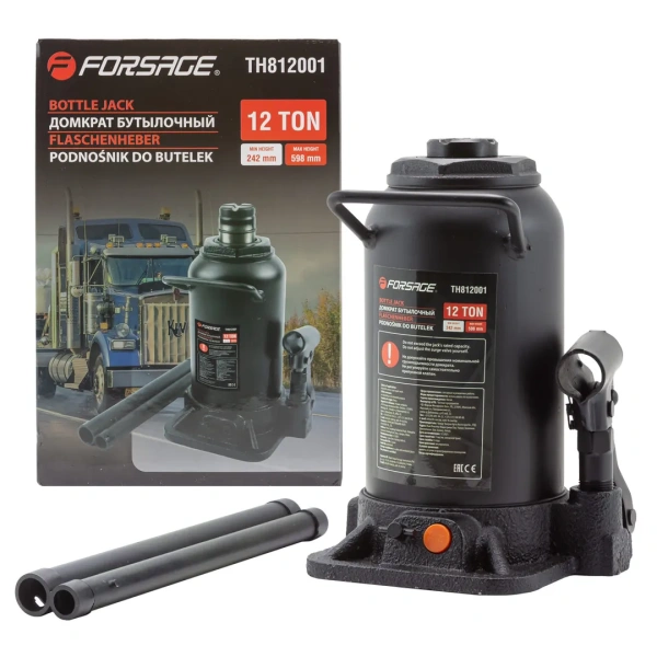 Домкрат бутылочный гидравлический двухштоковый ''Profi''12т с клапаном (h min-242мм, h max-598мм,ход штока-296мм,ход винта-60мм)