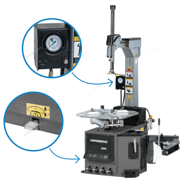 Станок шиномонтажный 380V автомат, 2х скоростн, зажимы 16-30", ПОДКАЧКА ПЕДАЛЬЮ (серый) NORDBERG 4643