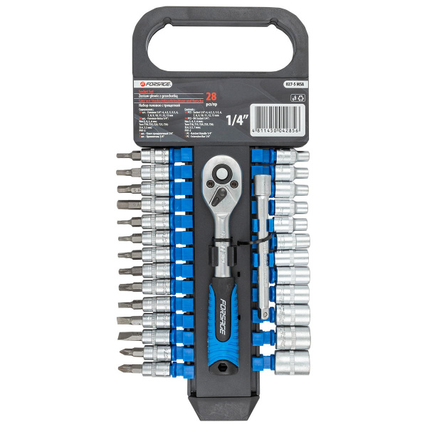 Набор головок и бит с трещоткой 28пр. 1/4''(4-14мм, Torx:T10-T30, Hex:3-6мм,SL:4,5.5,7мм, PH1,2),в пластиковом держателе