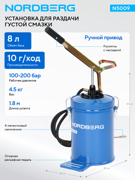Установка для раздачи густой смазки ручная NORDBERG N5009, 8 л