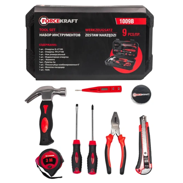 Набор инструментов 9пр.(отвертки:SL6мм,РН2,нож,индикатор.-я отвертка,изолента,рулетка 3м,плоскогубцы,молоток)