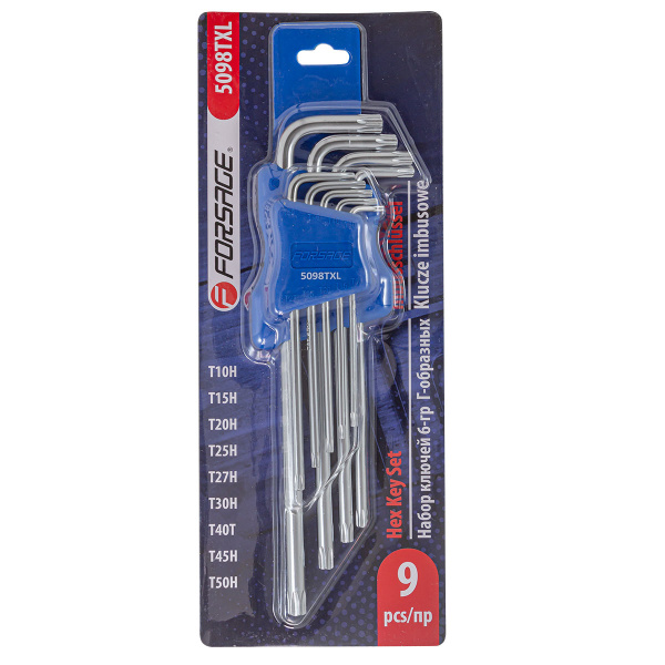 Набор ключей Г-образных TORX 9пр.(Т10Н, Т15Н, Т20Н, Т25Н,Т27Н, Т30Н, Т40Т, Т45Н,Т50Н с отверстием)в пластиковом держателе