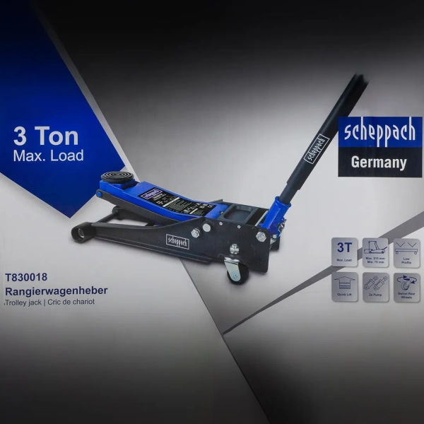 Домкрат подкатной гидравлический низкопрофильный двухпоршневой с резиновой накладкой 3т (h min 75мм, h max 510мм)