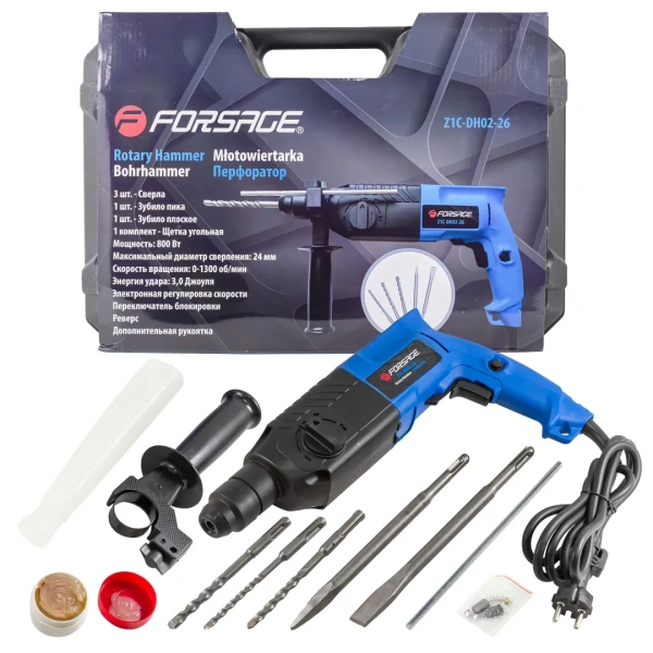 Перфоратор электрический(сверла 5,7,8х140мм,зубило плоское20х220мм,пика,уголь-е щетки,220V,50/60Гц,800W,0-1300 об/мин,2.8Дж,maxØ сверл.-24мм)в кейсе