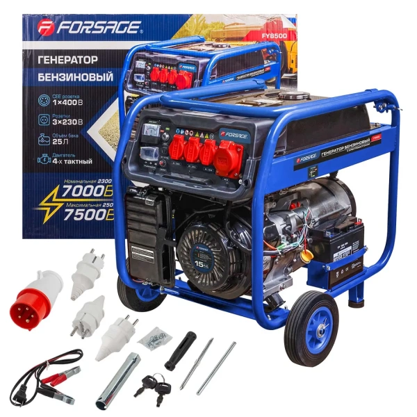 Генератор автономный бензиновый (2300/7000Вт ном., 3 роз. 220В~50Гц+роз.400В, двиг.15л.с., бак для бензина 25л, бензин АИ-92, время раб. 8ч, шум 97дБ)