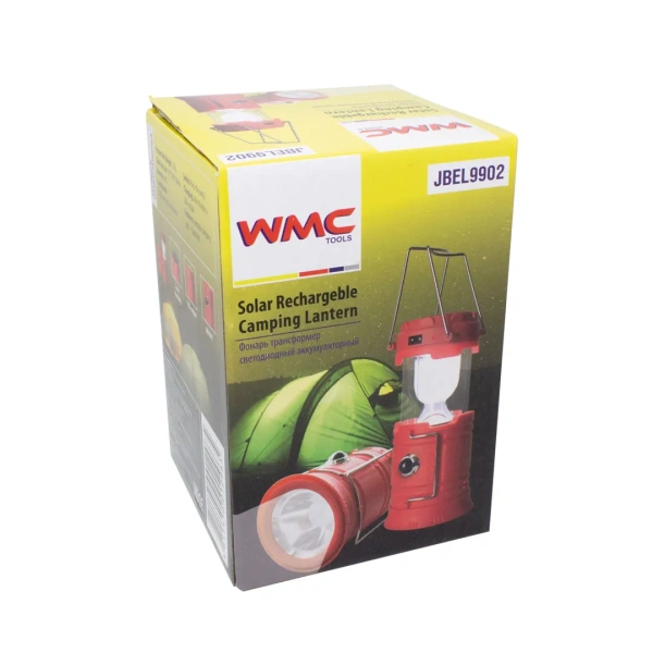 Фонарь-трансформер светодиодный аккумуляторный (торц.свет:1LED/50LUM,бок.свет:6LED/30LUM,заряд:солн.батарея, кабель 220V/USB,t заряд.3-5ч,красный)