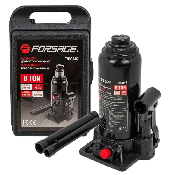 Домкрат бутылочный 8т с клапаном (h min-200мм, h max-400мм, ход штока-130мм, ход винта-70мм) в кейсе