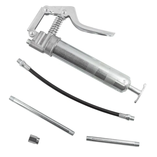 Шприц для нагнетания густой смазки ручной 120мл в комплекте с жестким(L-140,180мм) и гибким(L-300мм) наконечником (''под тубу'')