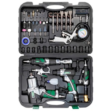 Набор инстр. с аксессуарами 57+36 пр(гайковерт-1/2'',650н/м,пневмозач.маш.-6мм, 25000об/мин,пневмотрещ.-1/2'',68н/м,пневмозубило,подкачка, продувоч)