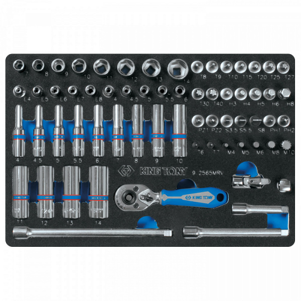 Набор торцевых головок с принадлежностями 1/4", шестигранные, 4-14 мм, 65 предметов KING TONY 2565MRV