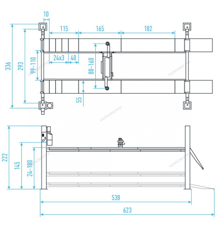 Подъемник четырехстоечный 5 т, c пневмогидравлической траверсой 3 т, 380 В, серый NORDBERG 4453JAG