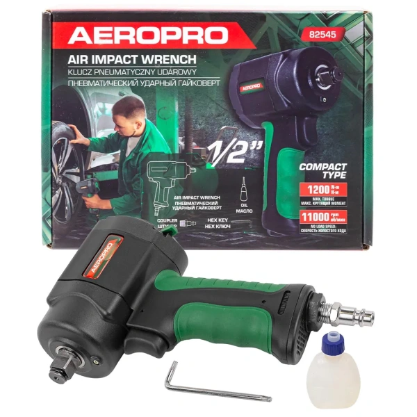 Пневмогайковерт ударный ''Compact''в облегченном корпусе с реверсом и регулировкой усилия 1/2''(1200Hм, 11000 об/мин,6.3bar,170 л/мин,1.2кг)