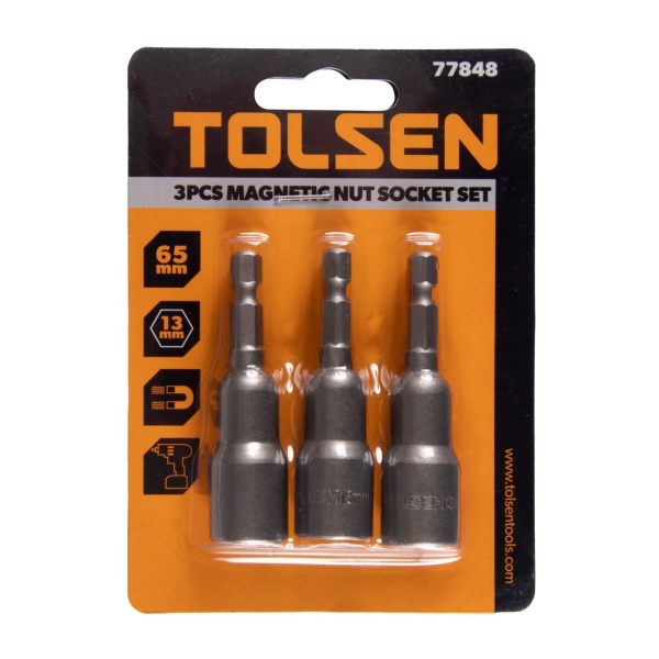 Набор головок для шуруповерта шестигранных 1/4", 13 мм, 65 мм, магнитных 3 предмета TOLSEN TT77848