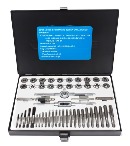 Набор метчиков и плашек 50пр.(М3х0.5,4х0.7,5х0.8,6х1.0,8х1.25,6,8,10-32,10,12-24,1/4-20/28,5/16-18/24,3/8-16/24,7/16-14/20,1/2-13,1/2-20)в метал.кейсе