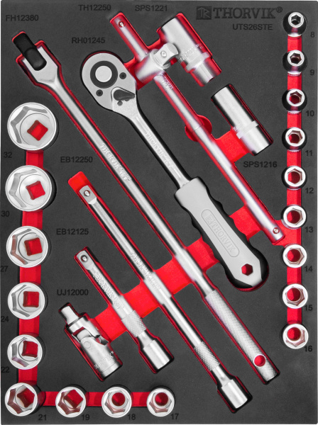 UTS26STE Набор торцевых головок 1/2" с принадлежностями в EVA ложементе 280х375 мм, 26 предметов