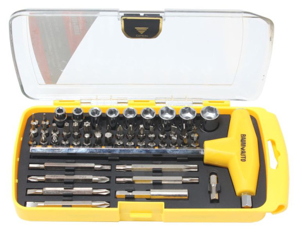 Шестигранник Т-образный 8мм с держателем бит и головок (52пр.) в пластиковом футляре.