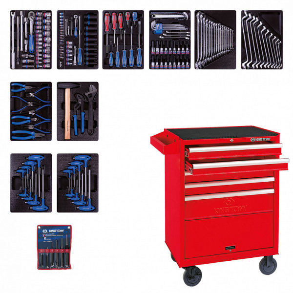Инструментальная тележка с набором инструментов, 173 предмета KING TONY 932-000MR (красный)
