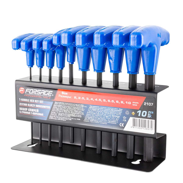 Набор ключей 6-гранных Т-образных(2, 2.5, 3, 4, 4.5, 5, 5.5, 6, 8, 10), в металлическом держателе 10пр.
