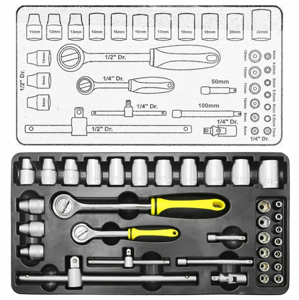 Набор инструментов 253пр. 1/4'', 1/2''6гр. (4-22мм) с комплектом пластиковых ложементов