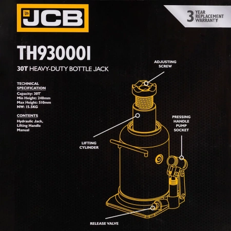 Домкрат бутылочный 30т с клапаном (h min-240мм, h max-510мм, ход штока-160мм, ход винта-110мм)