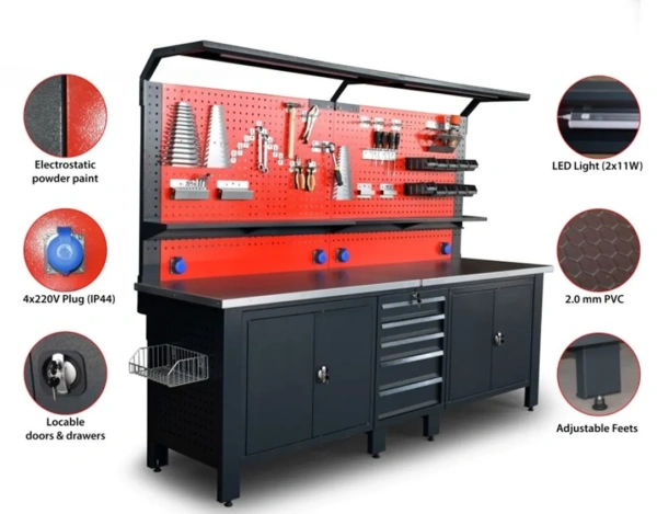Верстак металический 730х2000х2500мм(столешница 690х2500мм,перфорация1080х2500мм,бок перфорации500х600мм,ящики навес 2-х створч.-2шт,ящик навес5 полок