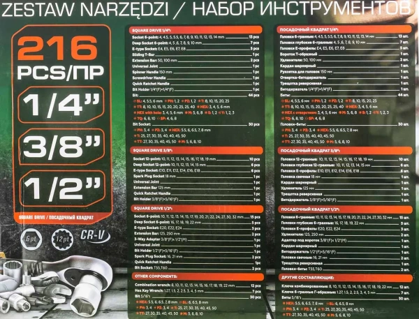 Набор инструментов 216пр. 1/4''3/8''1/2''(6гр, 12гр)(4-32мм)