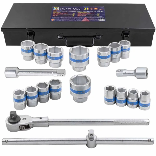 Набор инструментов 21пр, 3/4''(6гр.)(19,21,22,24,26,27,28,29,30,32,34,36,36,38,41,46,50мм), в метал.кейсе