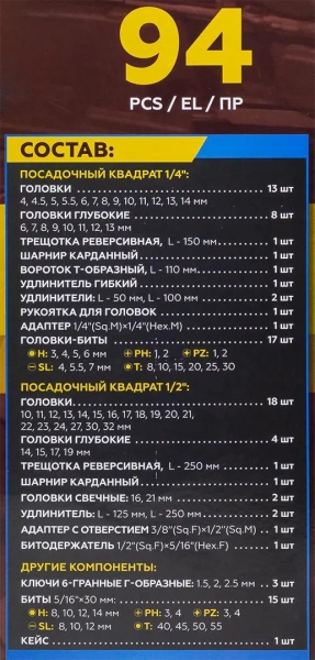 Набор инструментов 94пр. 1/4'', 1/2'' (6гр.)(4-32мм)