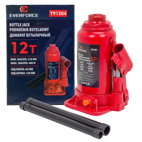 Домкрат бутылочный 12т с клапаном (h min 210мм, h max 400мм, ход штока-130мм, ход винта-60мм)