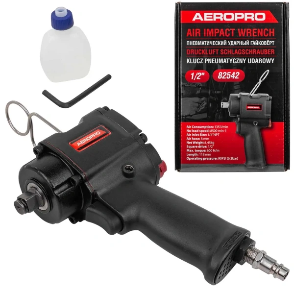 Пневмогайковерт ударный ''Compact''с реверсом и регулировкой усилия 1/2''(600Hм, 8500 об/мин,6.3bar,113 л/мин,1.45кг)