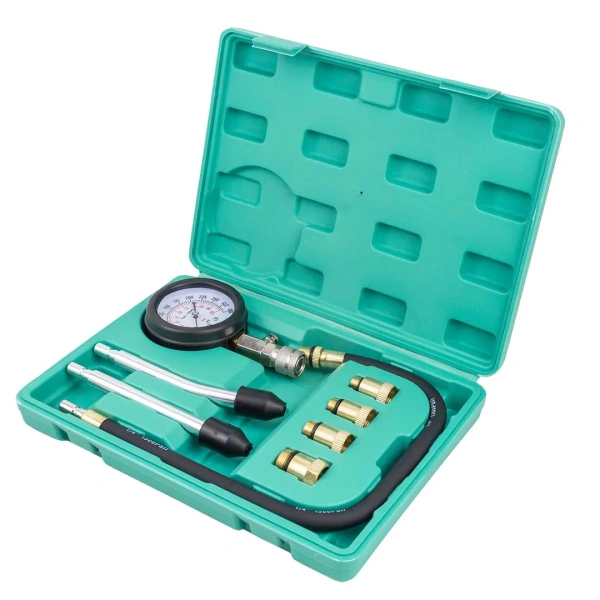 Индикатор компрессии бензинового двигателя 8пр.(0-20Bar, М10х1.0, М12х1.25, М14х1.25, М18х1.5 + 2 жестких прижимных адаптера-переходника),в кейсе