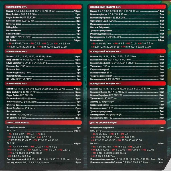 Набор инструментов 216пр. 1/4'', 3/8'', 1/2''(6гр.)