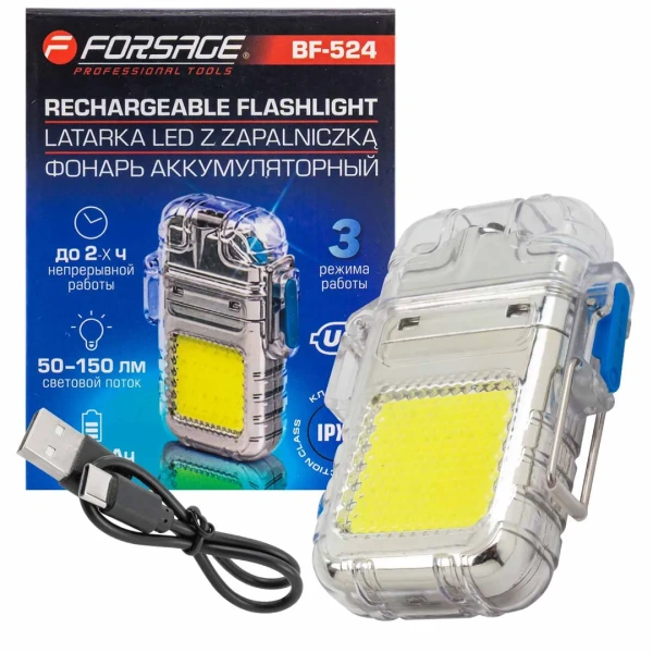 Фонарь светодиодный аккумуляторный с функцией импульсной зажигалки (3 режима работы, СОВ LED 300мАч, 50-150Лм, время раб. 90-120мин, время зар. 60мин)