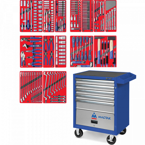 Тележка инструментальная с набором инструментов "ЛИДЕР" 270 предметов МАСТАК 52-05270B