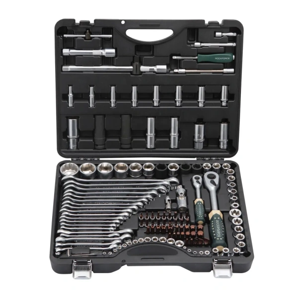 Набор инструментов 125+6пр.1/4''1/2''(6-гран.)(4-36мм,36-12гр.)+(ключи трещоточные:8х10,12х13мм, ключи резрезные:8х10,9х11,12х13мм)