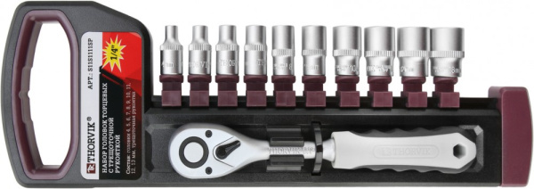 Набор головок торцевых с трещоточной рукояткой Thorvik S11S1111SP (1/4"DR, 4-13 мм, 11 предметов)