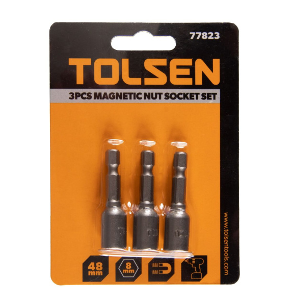Набор головок для шуруповерта шестигранных 1/4", 8 мм, 48 мм магнитных 3 предмета TOLSEN TT77823
