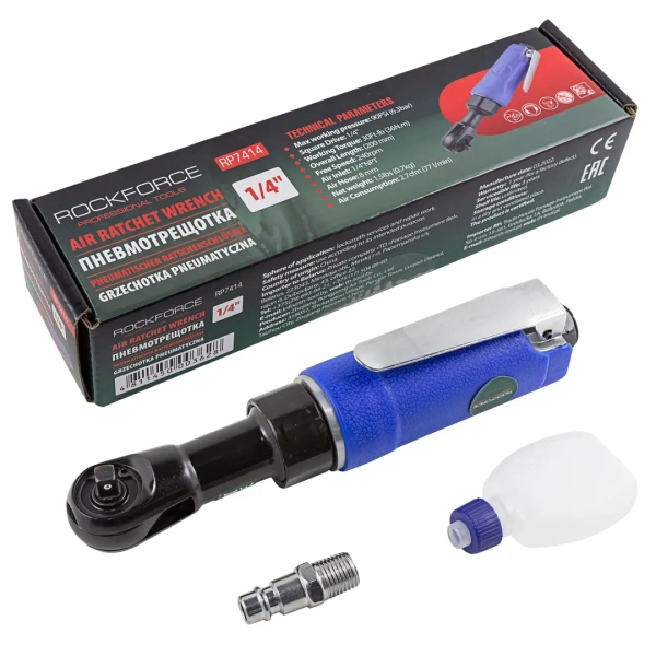 Пневмотрещотка с прорезиненной рукояткой 36Нм, 1/4''(потребление 77л/мин, 240 об/мин, L-200мм,6.3Bar,штуцер 1/4'')