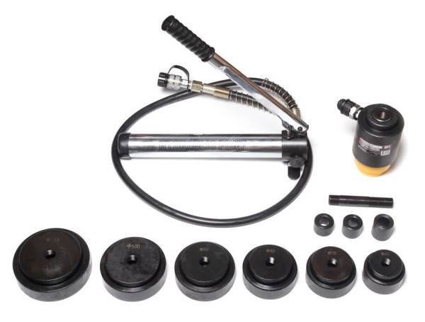 Пробойник гидравлический с насосом15т(Ø63, 76, 80, 89, 100, 114мм, сталь нерж.-2мм, медь/алюм.-4мм,ход штока-22мм),в кейсе