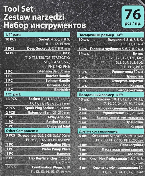Набор инструментов PROFI 76пр. 1/4'',1/2''(6гр)(4-32мм)