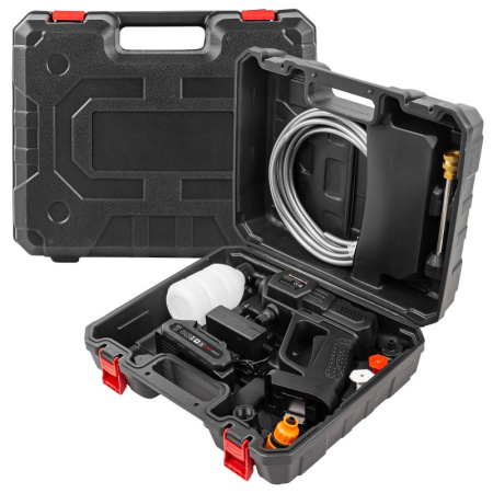 Мойка высокого давления аккумуляторная (21В,15 Бар,2.8 л/мин, батарея 1500 мАч, зарядка 3-5ч, насос аллюминий, щеточный двигатель)