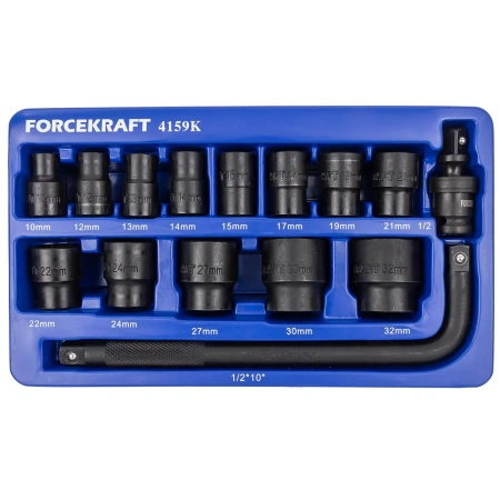Набор головок ударных 15пр. 1/2''(6-гр.) (10,12, 13, 14, 15, 17, 19, 21, 22, 24, 27, 30, 32мм) в ложементе