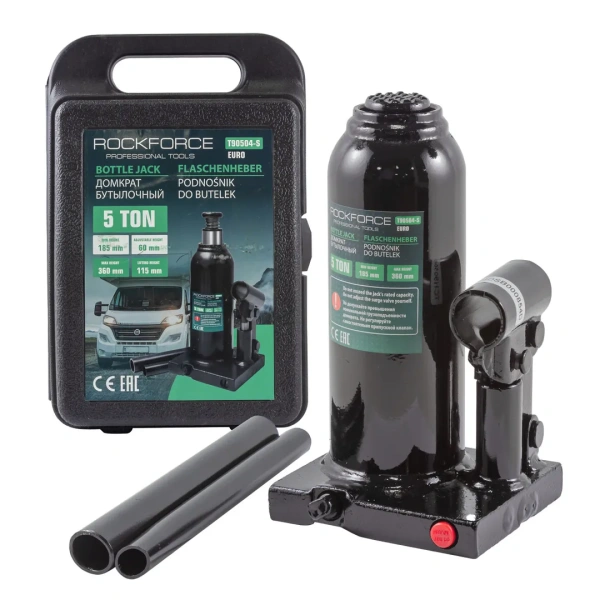 Домкрат бутылочный 5т с клапаном (высота подхвата - 185мм, высота подъема - 360мм, ход штока - 115мм, винт-60мм)в кейсе