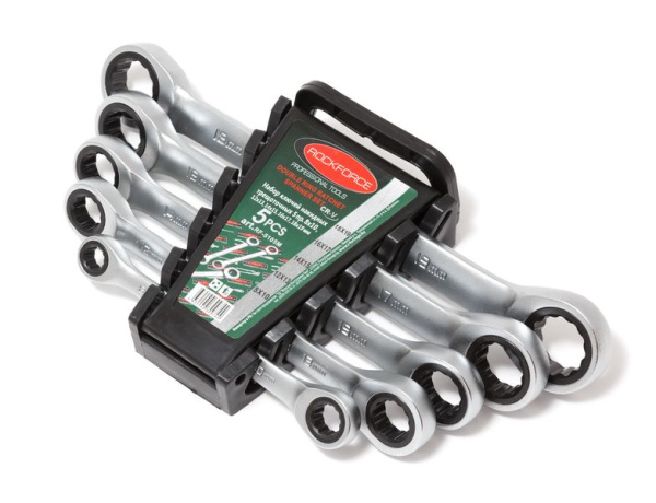 Набор ключей накидных трещоточных, 5пр. (8х10, 12х13, 14х15, 16х17, 18х19мм), в пластиковом держателе